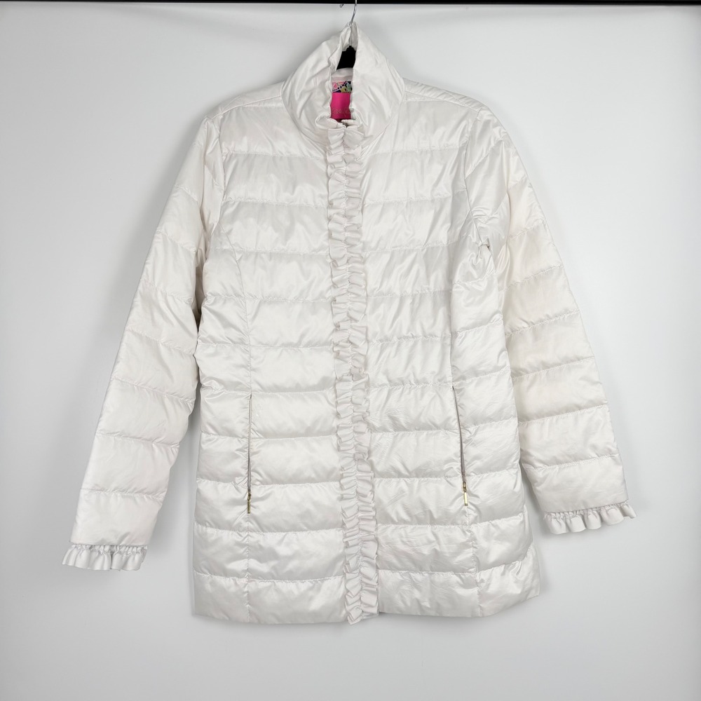 Lilly Pulitzer Women's White Ruffle Down Preppy Soft Girl Puffer Jacket Size 2 - Picture 2 of 13